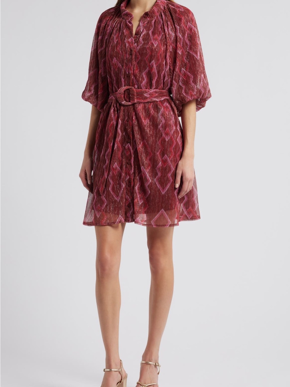 Short Belted Mini Dress in Burgundy and Pink